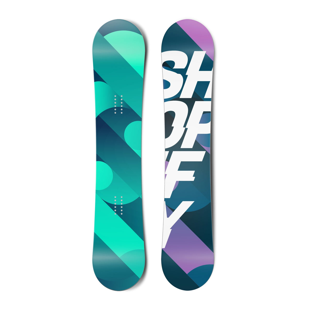 Top and bottom view of a snowboard. The top view shows abstract circles and lines in shades of teal.
The bottom view shows abstract circles and lines in shades of purple and blue with the text “SHOPIFY” in a
sans serif typeface on top.